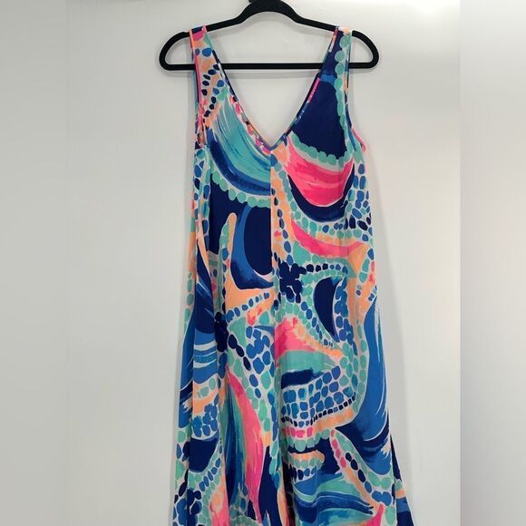 LILLY PULITZER Anise Ocean Jewels Waterfall Double V Silk Maxi Dress Size L - Picture 6 of 13